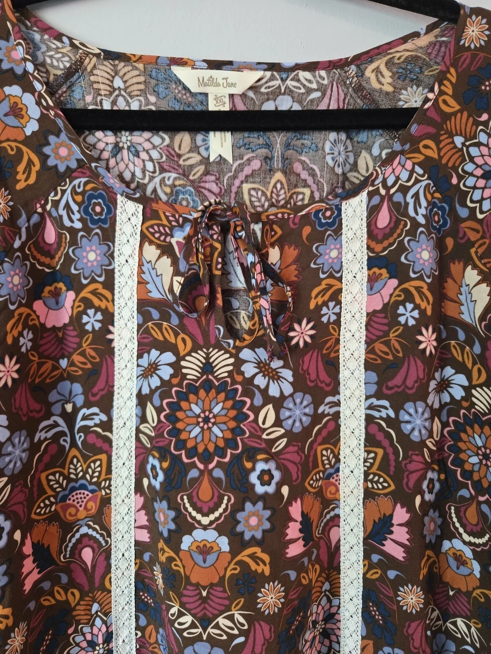 Matilda Jane Floral Lace Trim Tunic Dress Brown Multi Color Boho Whimsical XXL - Picture 4 of 6